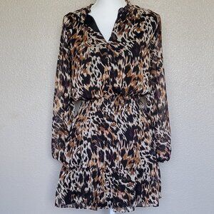 Socialite Long Sleeve Smocked Waist Chiffon Dress Black/Brown animal print X-Sm